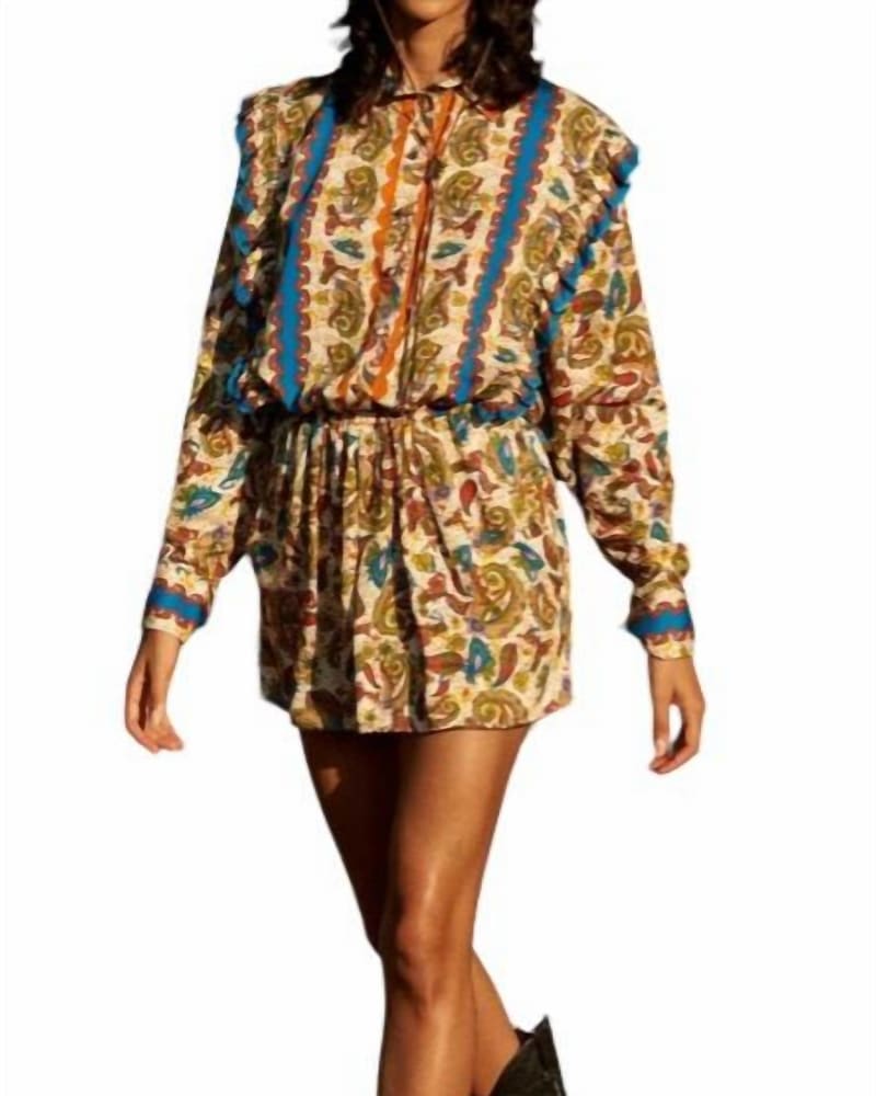 Front of a model wearing a size L Lais Mini Dress in Paisley Cream in Paisley Cream by CAROLINA K. | dia_product_style_image_id:363277
